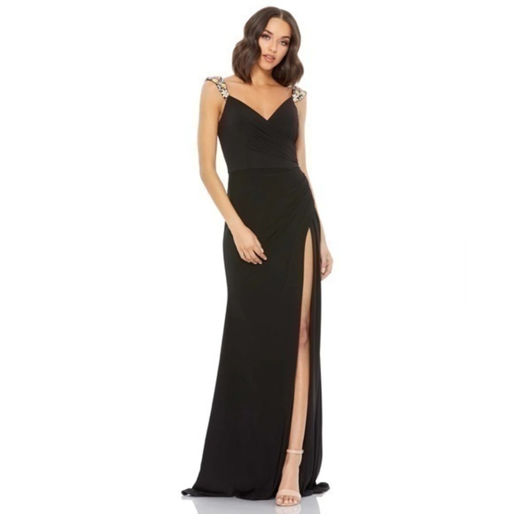 MAC DUGGAL Black Floral Embellished Strap High Slit Evening Gown